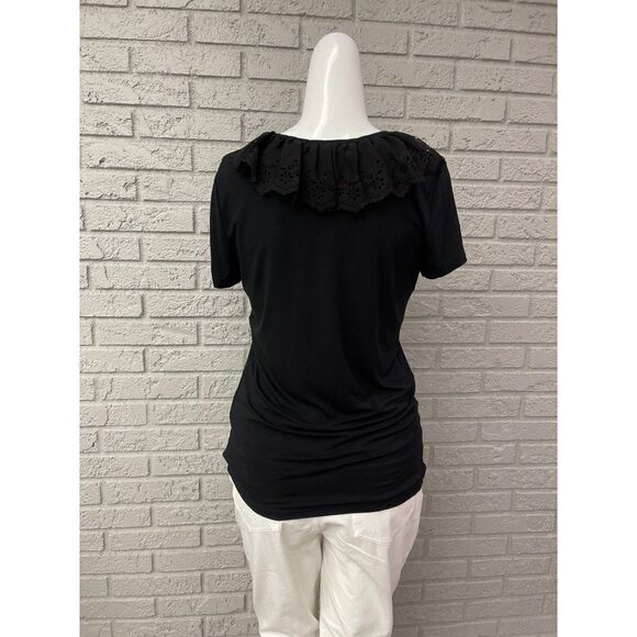 Lauren Ralph Lauren Black Ruffle V Neckline Short Sleeve Top Size M - Picture 2 of 9